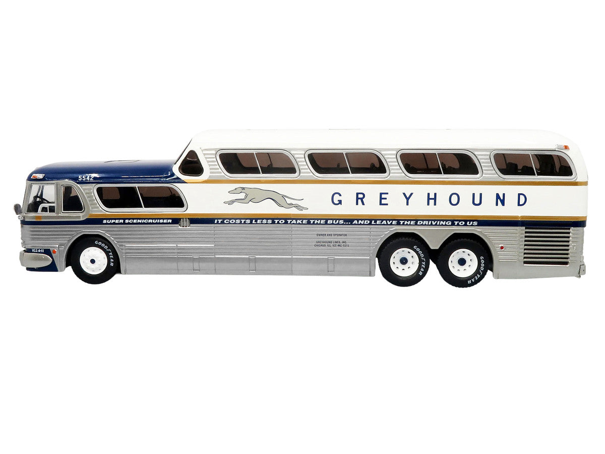 GM PD-4501 Scenicruiser Coach Bus "Greyhound Bus Lines - 50th Anniversary" Raw Metal with Blue and White Top and Gold Stripes "The Bus & Motorcoach Collection" 1/43 Plastic Model by Iconic Replicas