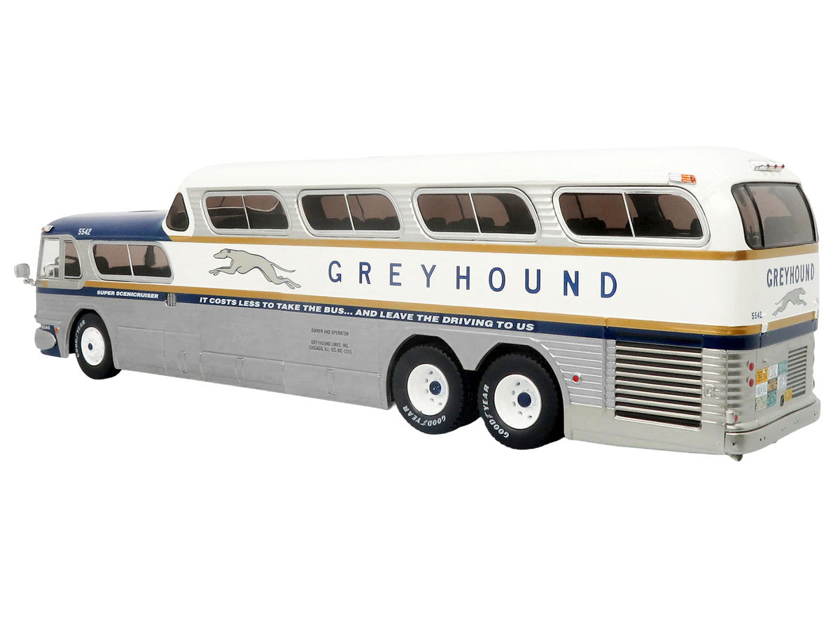GM PD-4501 Scenicruiser Coach Bus "Greyhound Bus Lines - 50th Anniversary" Raw Metal with Blue and White Top and Gold Stripes "The Bus & Motorcoach Collection" 1/43 Plastic Model by Iconic Replicas