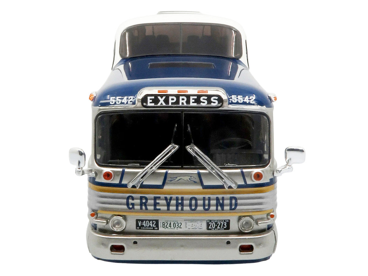 GM PD-4501 Scenicruiser Coach Bus "Greyhound Bus Lines - 50th Anniversary" Raw Metal with Blue and White Top and Gold Stripes "The Bus & Motorcoach Collection" 1/43 Plastic Model by Iconic Replicas