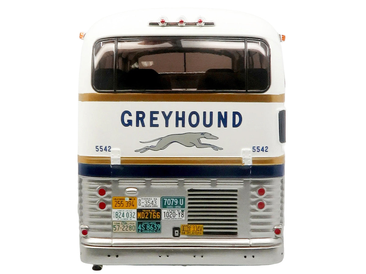 GM PD-4501 Scenicruiser Coach Bus "Greyhound Bus Lines - 50th Anniversary" Raw Metal with Blue and White Top and Gold Stripes "The Bus & Motorcoach Collection" 1/43 Plastic Model by Iconic Replicas