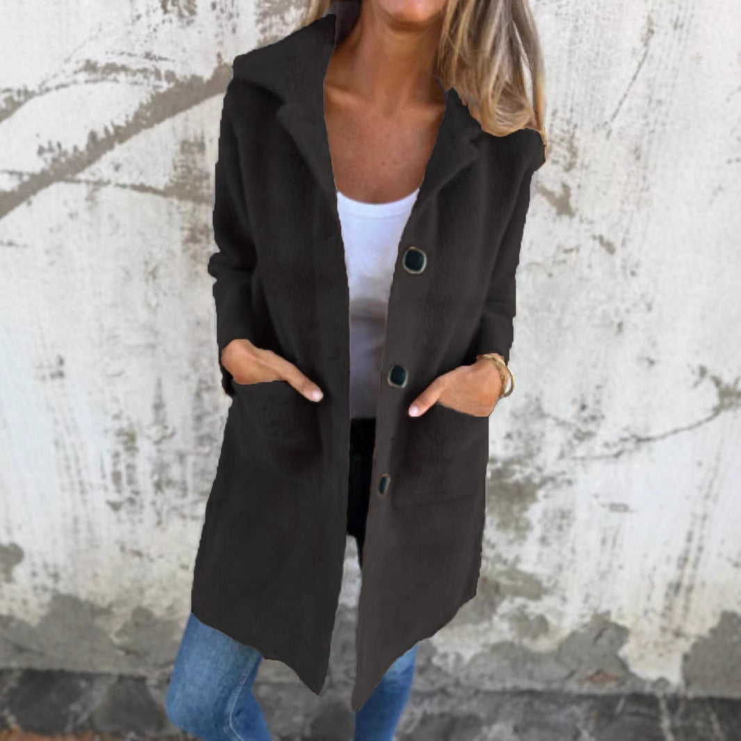 Single-breasted Polo Collar Pocket Mid-length Coat