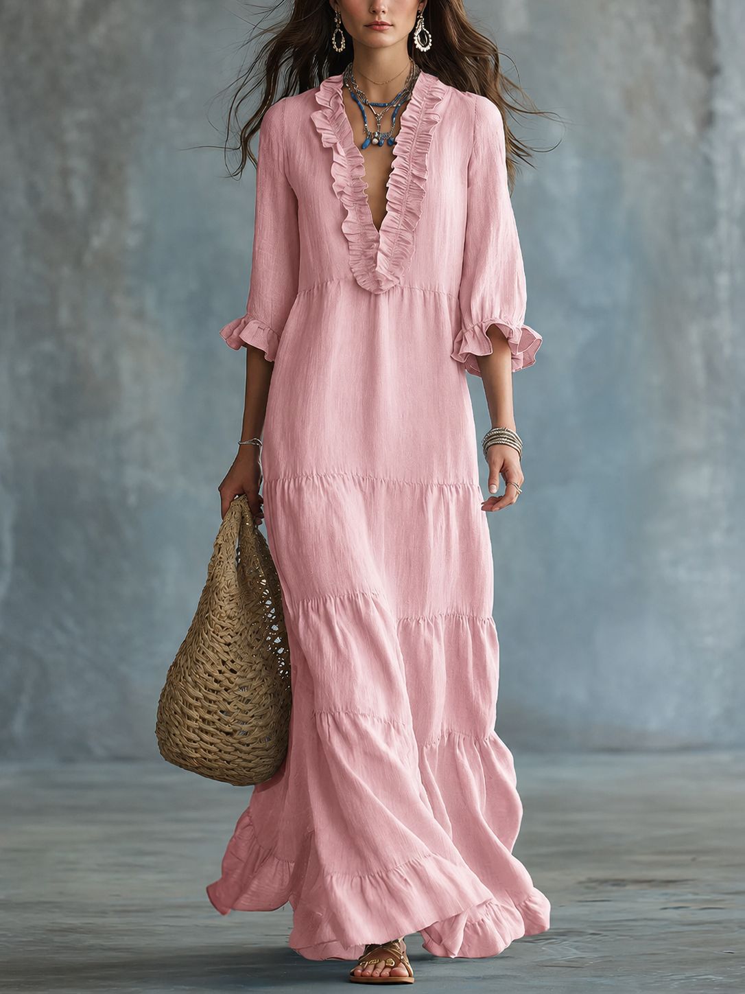 Womens V-neck Layered Casual Flowing Maxi Dress With Ruffled Hem