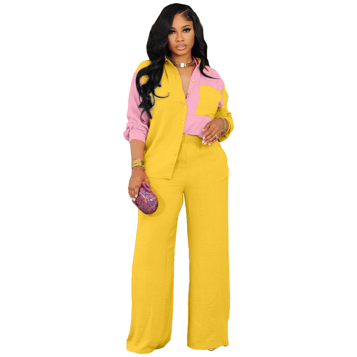 New Color Contrast Patchwork Pocket Casual Shirt Suit Two-piece Set