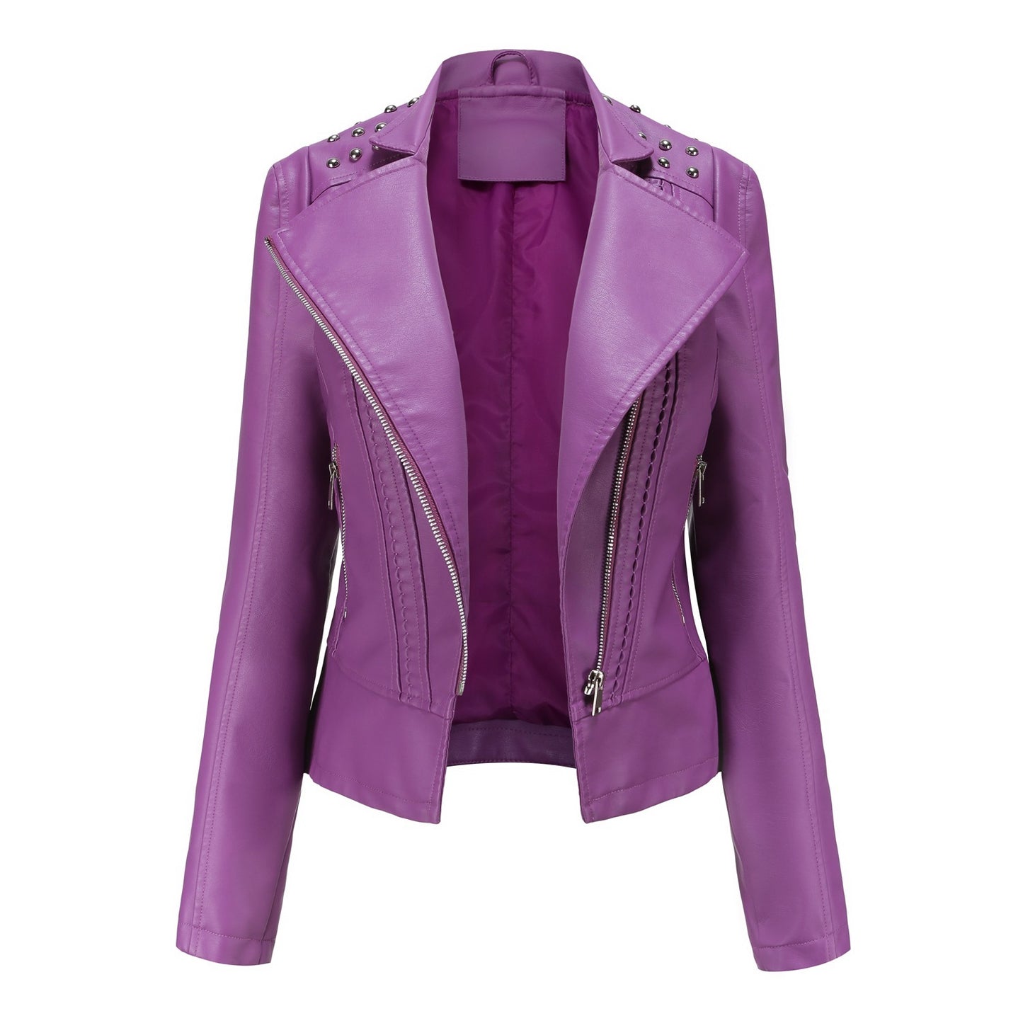 Women's Beaded Faux Leather Jacket - Long Sleeve Street Fashion Motorcycle Coat (Black/Red/Purple/Pink/Camel/Beige, XS-XXL)