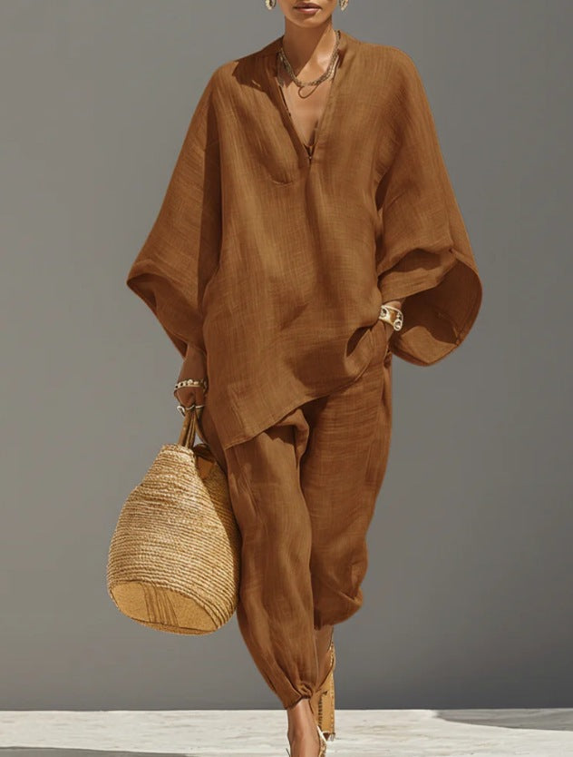 Women's Casual Loose Solid Color Shirt Set