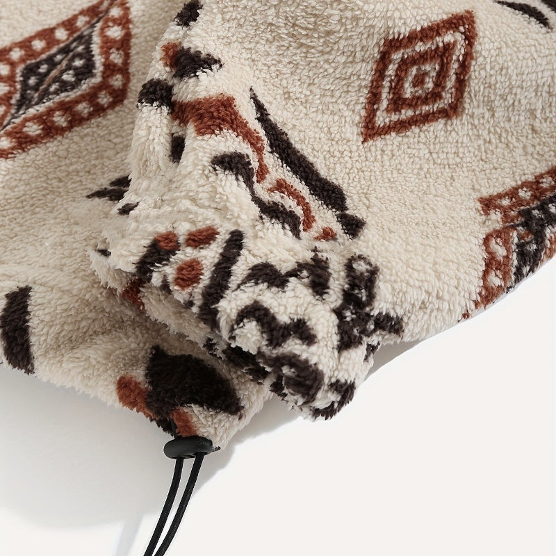 Boho Geometric Print Polar Fleece Coat - Ultra-Soft Plush Loose Fit Jacket with Fur Collar (Apricot/Caramel/Green)