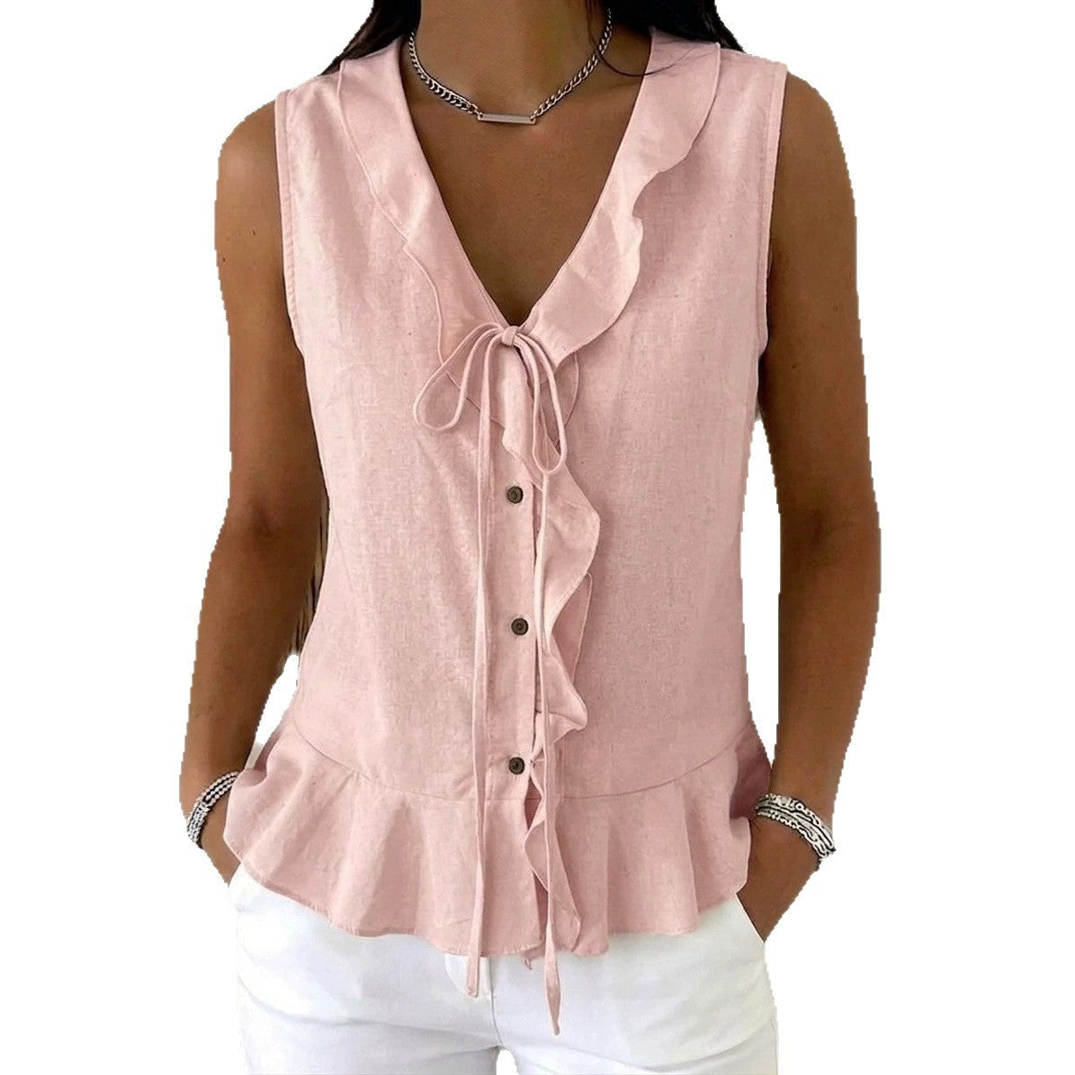 Women's Casual V-Neck Ruffle Trim Sleeveless Top