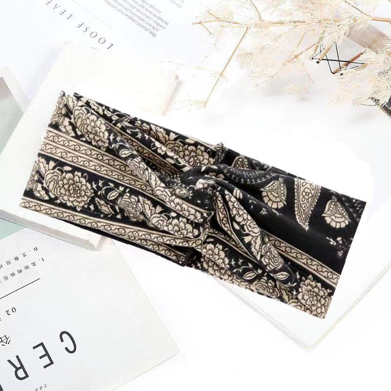 Sweat-absorbent And Anti-perspirant Bundled Headband With Wide-brimmed Print Headband