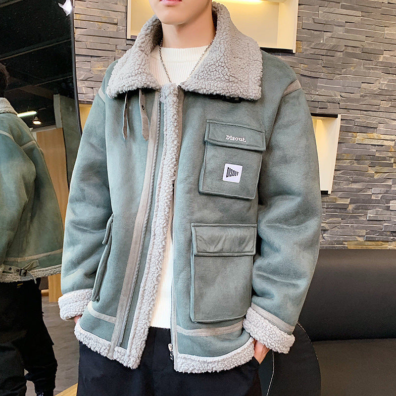 Multi-Pocket Harajuku Work Jacket with Sherpa Lining