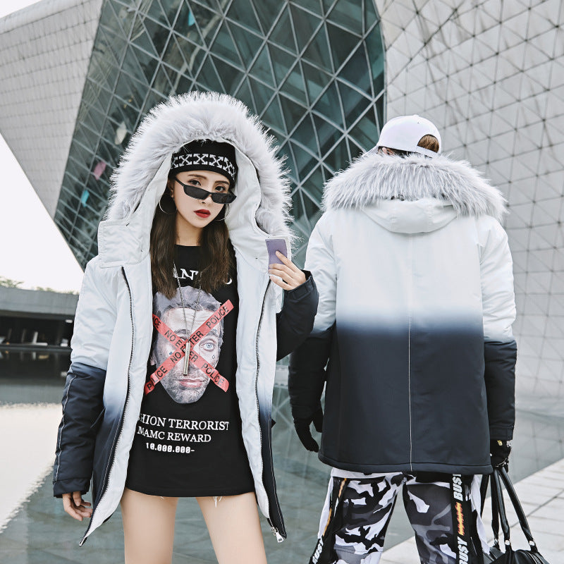 Gradient Cotton Jacket with Large Fur Collar for Couples