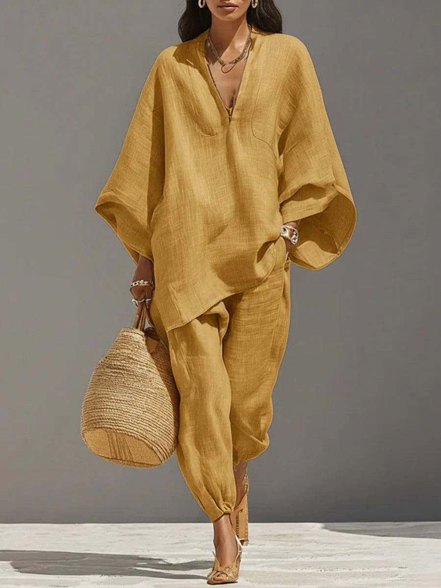 Women's Casual Loose Solid Color Shirt Set