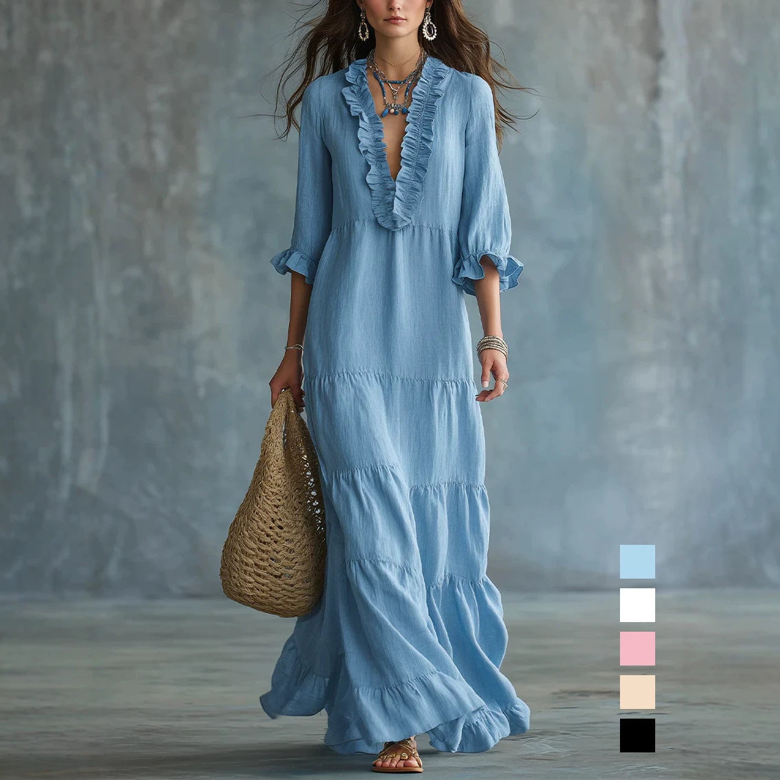 Womens V-neck Layered Casual Flowing Maxi Dress With Ruffled Hem