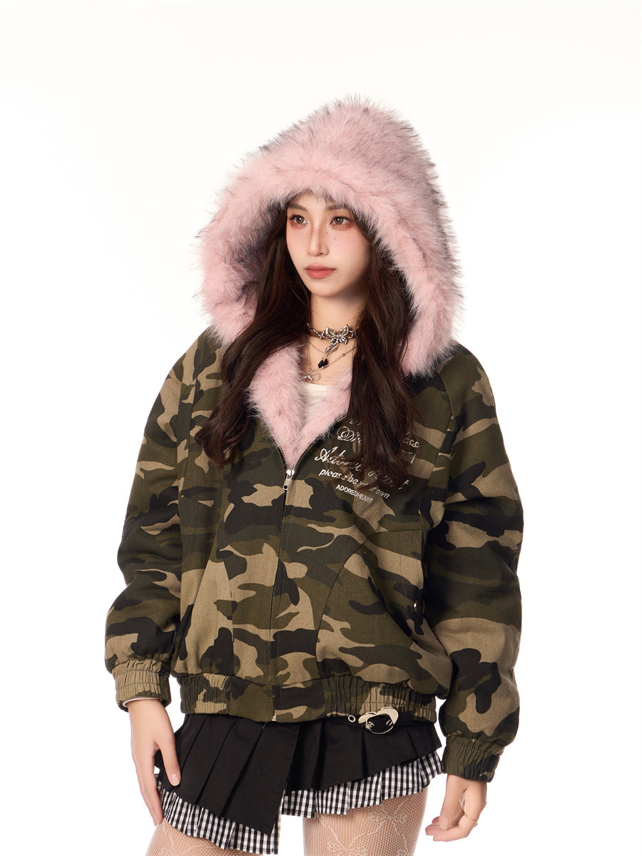 Vintage Plush Hooded Reversible Cotton-padded Coat
