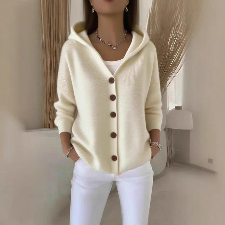 Ins Button Hooded Sweater Fashion Autumn And Winter Knitted Cardigan Casual Commuter Long Sleeve Top Women's Clothing