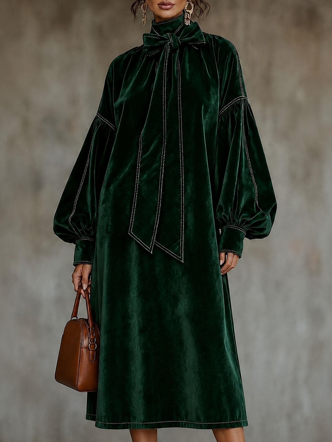 New High-neck Velvet Dress With Bow