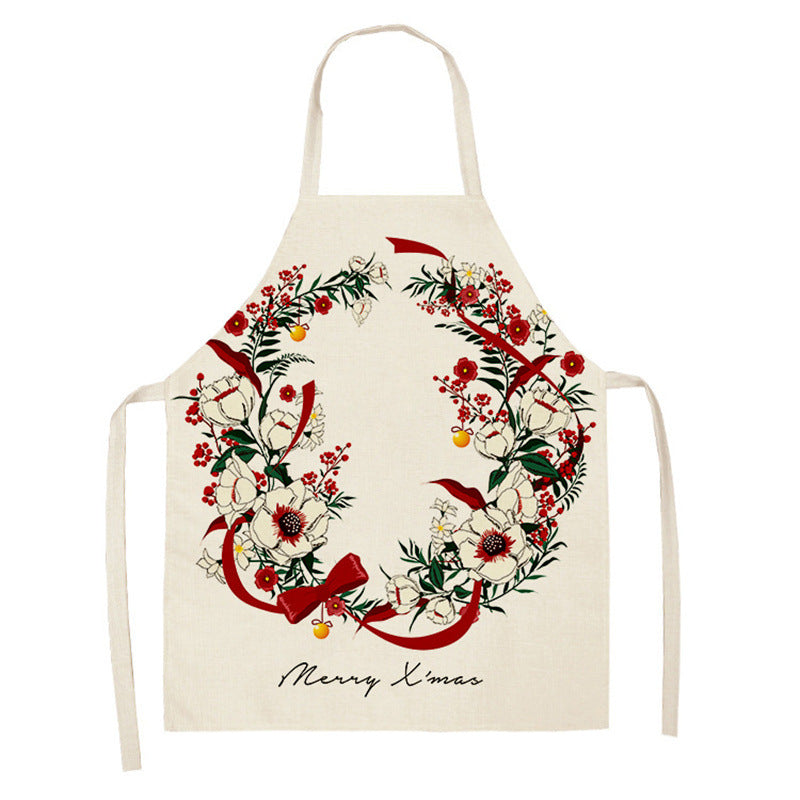 Christmas Deer Art Pattern Female Cleaning Home Cooking Kitchen Apron Chef Ear Cotton Linen