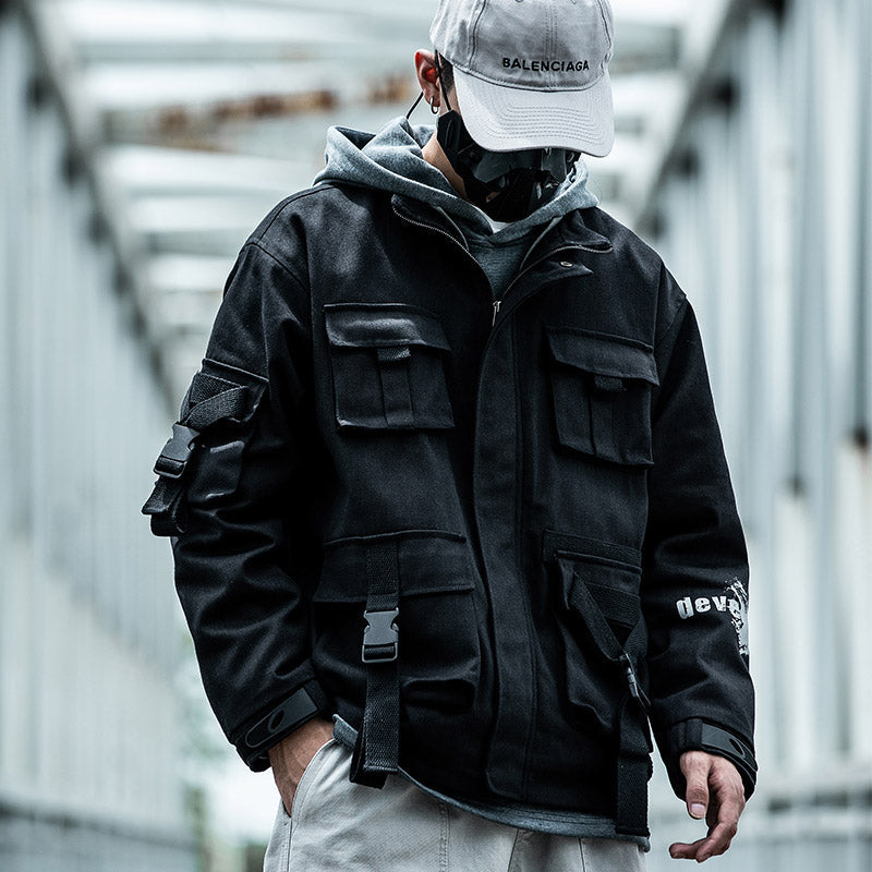 Graffiti Print Multi-Pocket Work Jacket with Ribbon Collar