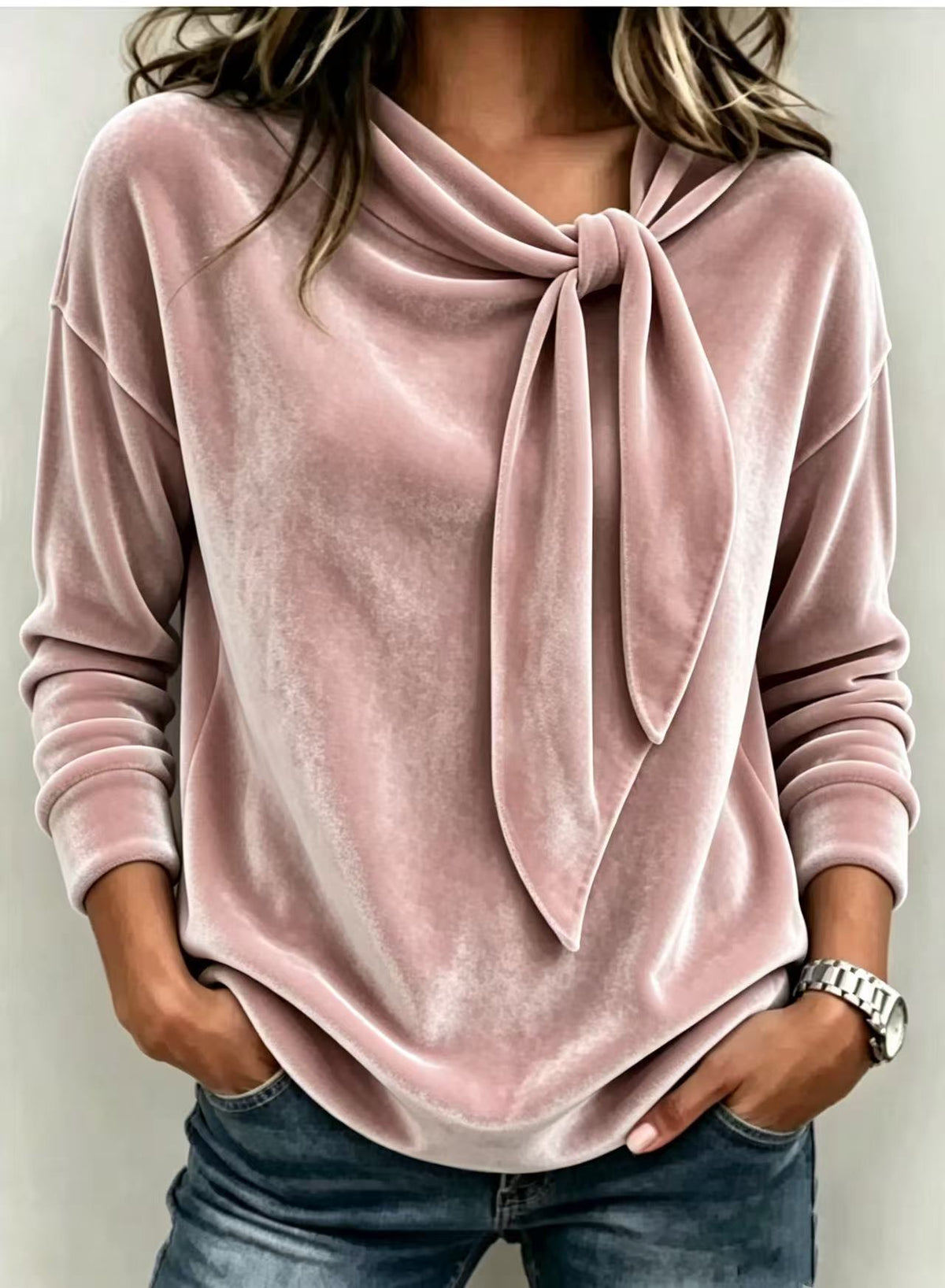 Womens Velvet Sweater With Bow-Knot