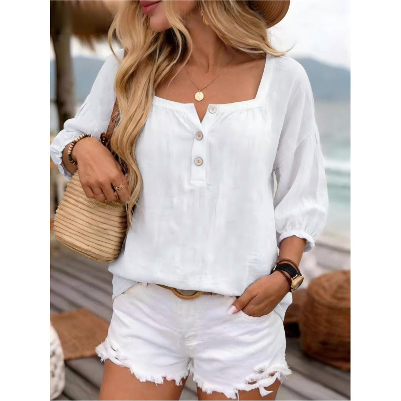 Casual Resort-style Linen Top With Three-quarter Sleeves