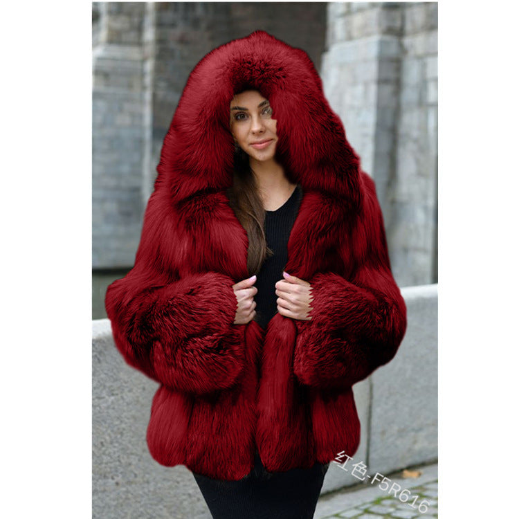 Women's Fur Coat Large Size Hooded Warm Fur Mid-Length Fox Fur Coat