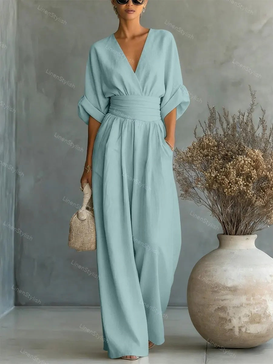 Waist-cinching V-neck Elegant Womens Jumpsuit