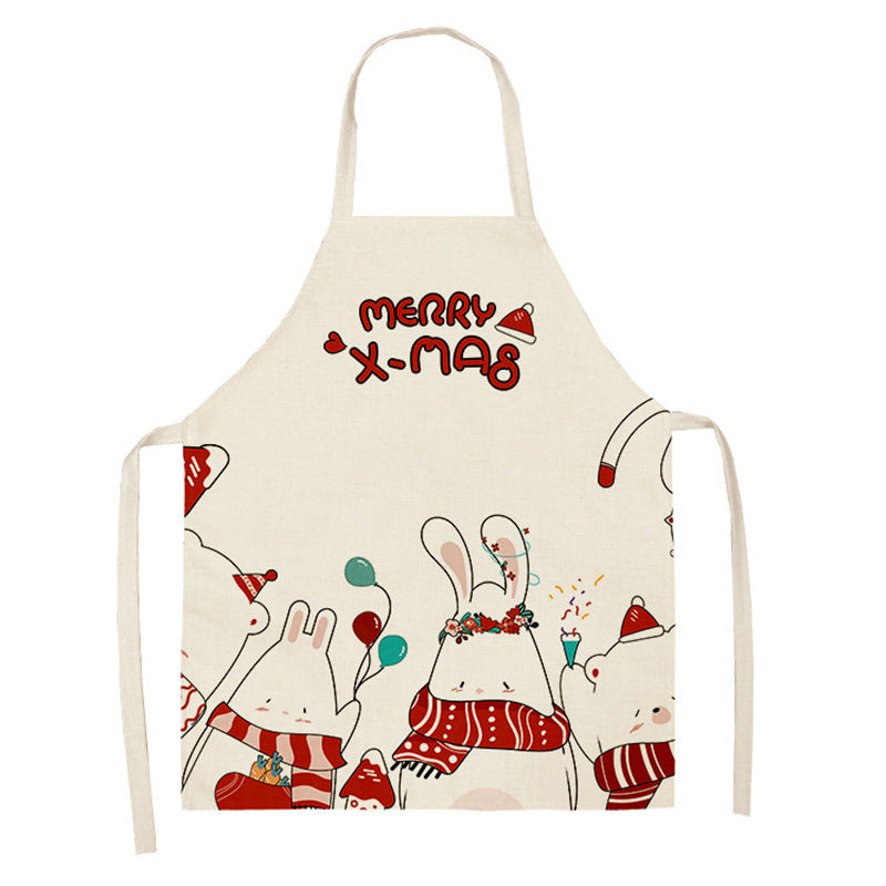 Christmas Deer Art Pattern Female Cleaning Home Cooking Kitchen Apron Chef Ear Cotton Linen