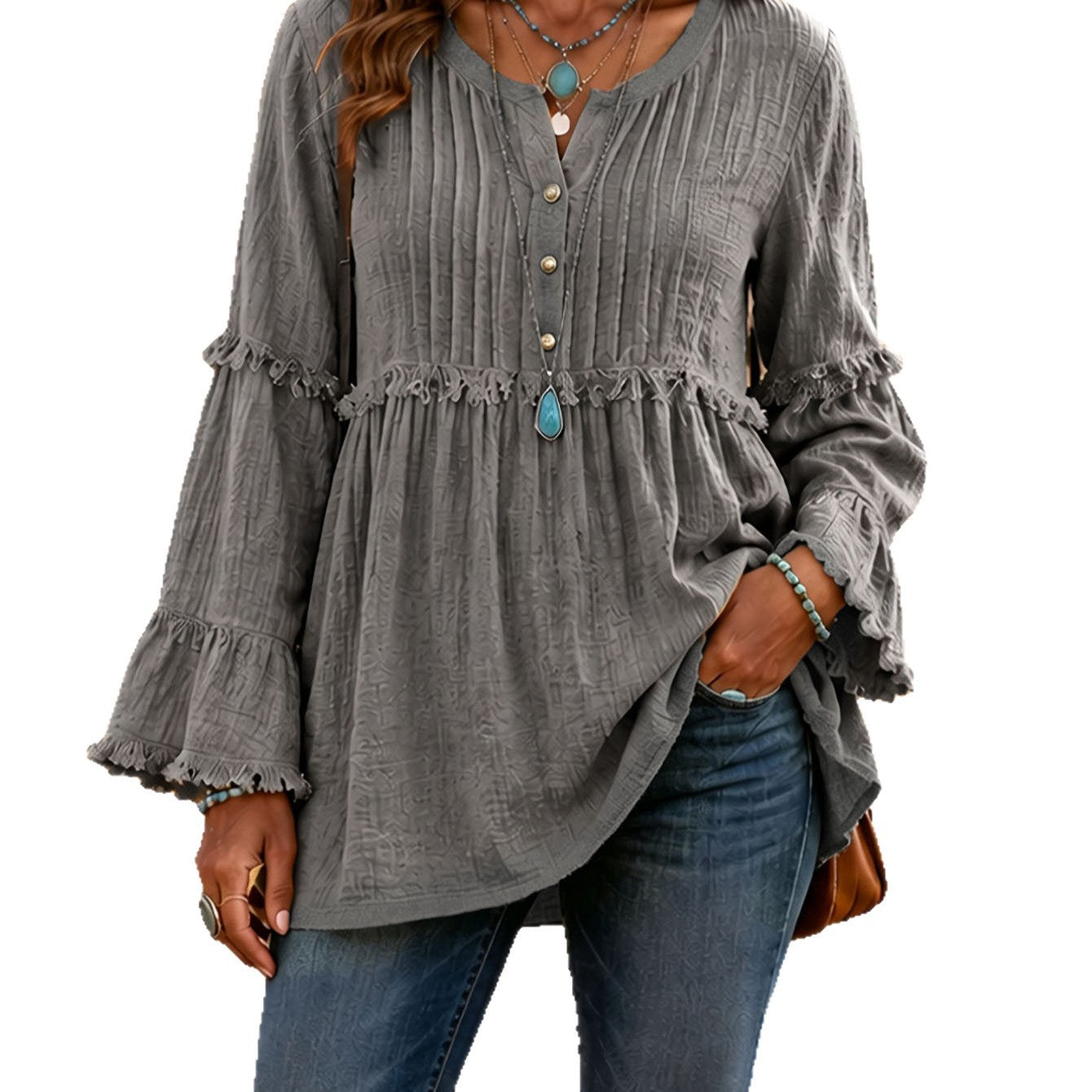 Lace-trimmed Loose-fit Shirt With Tassel Patchwork Top