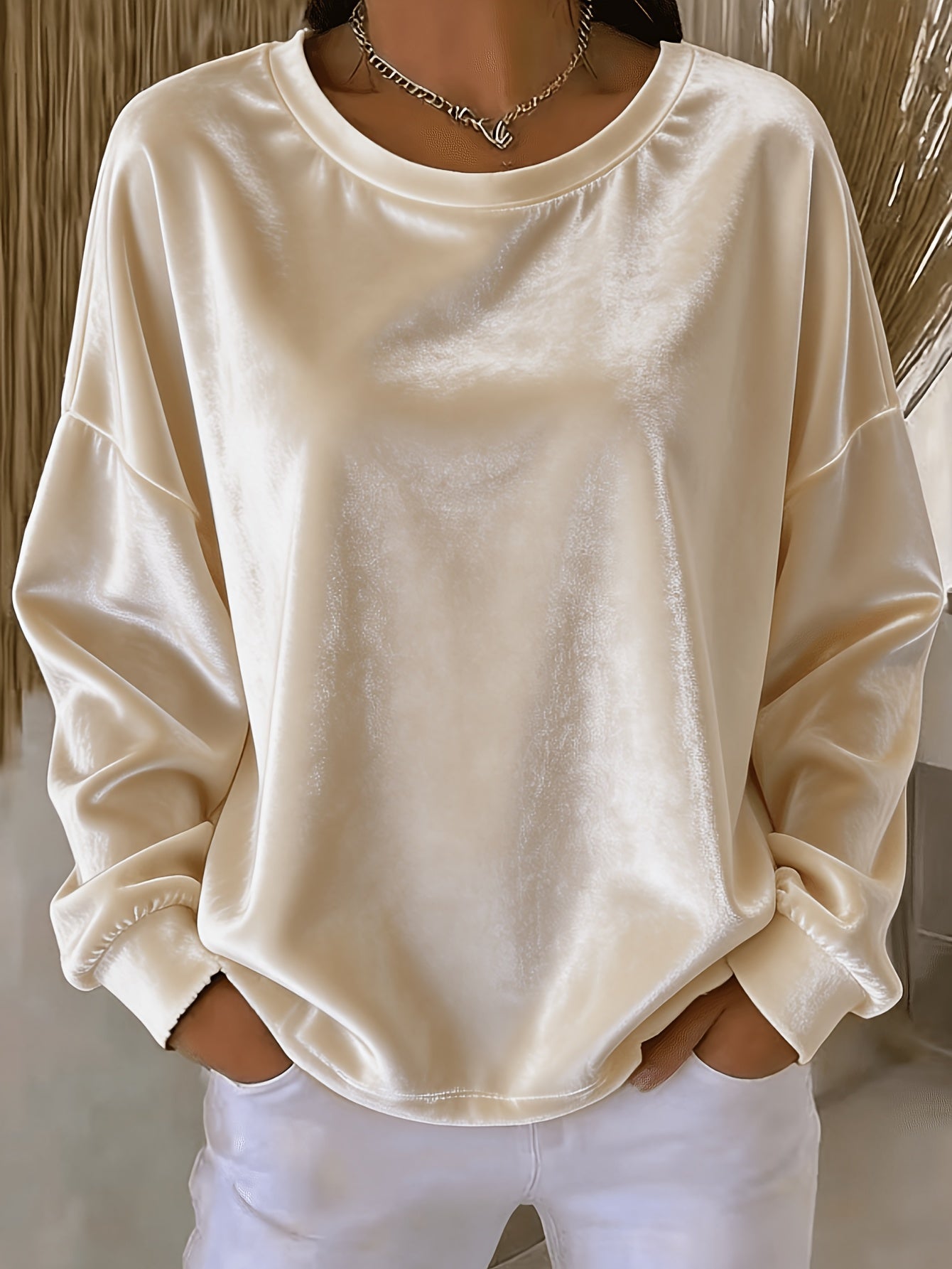 Casual Round-neck Velvet Solid-color Long-sleeve Shirt