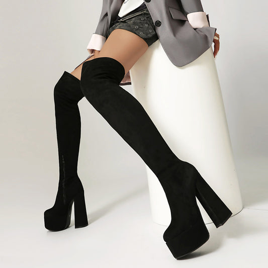 High-heeled Pointed-toe Waterproof Platform Boots With Chunky Heels