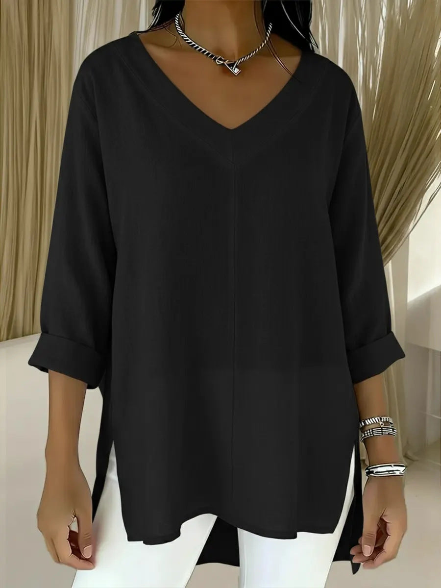 Street-style Solid-color V-neck Loose-fitting Top