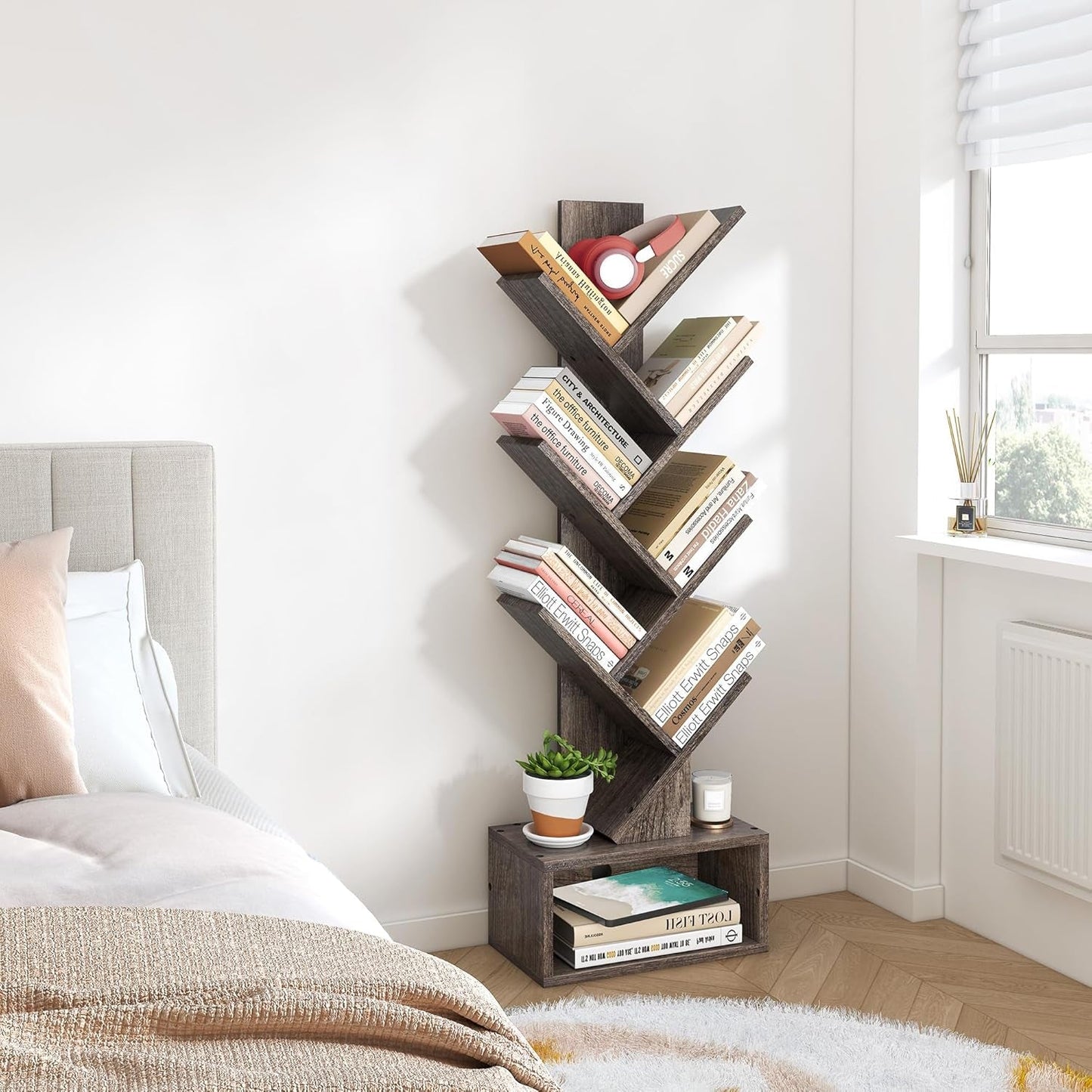 6 Tier Tree Bookshelf Bookcase With Drawer Grey Office