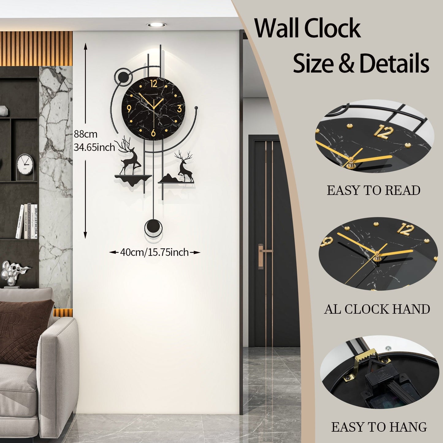 Modern Deer Wall Clock Metal Decorative Living Room Decor