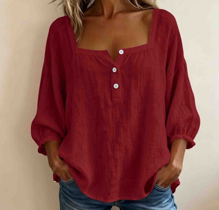 Casual Resort-style Linen Top With Three-quarter Sleeves