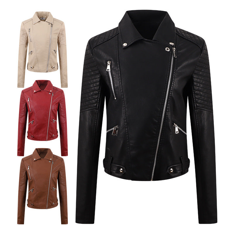 Women's Distressed PU Motorcycle Jacket - Slim Fit Biker Coat with Adjustable Belt (Black/Chocolate/Wine Red/Milky White, M-XXL)