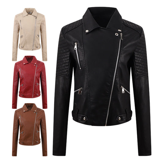 Women's Distressed PU Motorcycle Jacket - Slim Fit Biker Coat with Adjustable Belt (Black/Chocolate/Wine Red/Milky White, M-XXL)