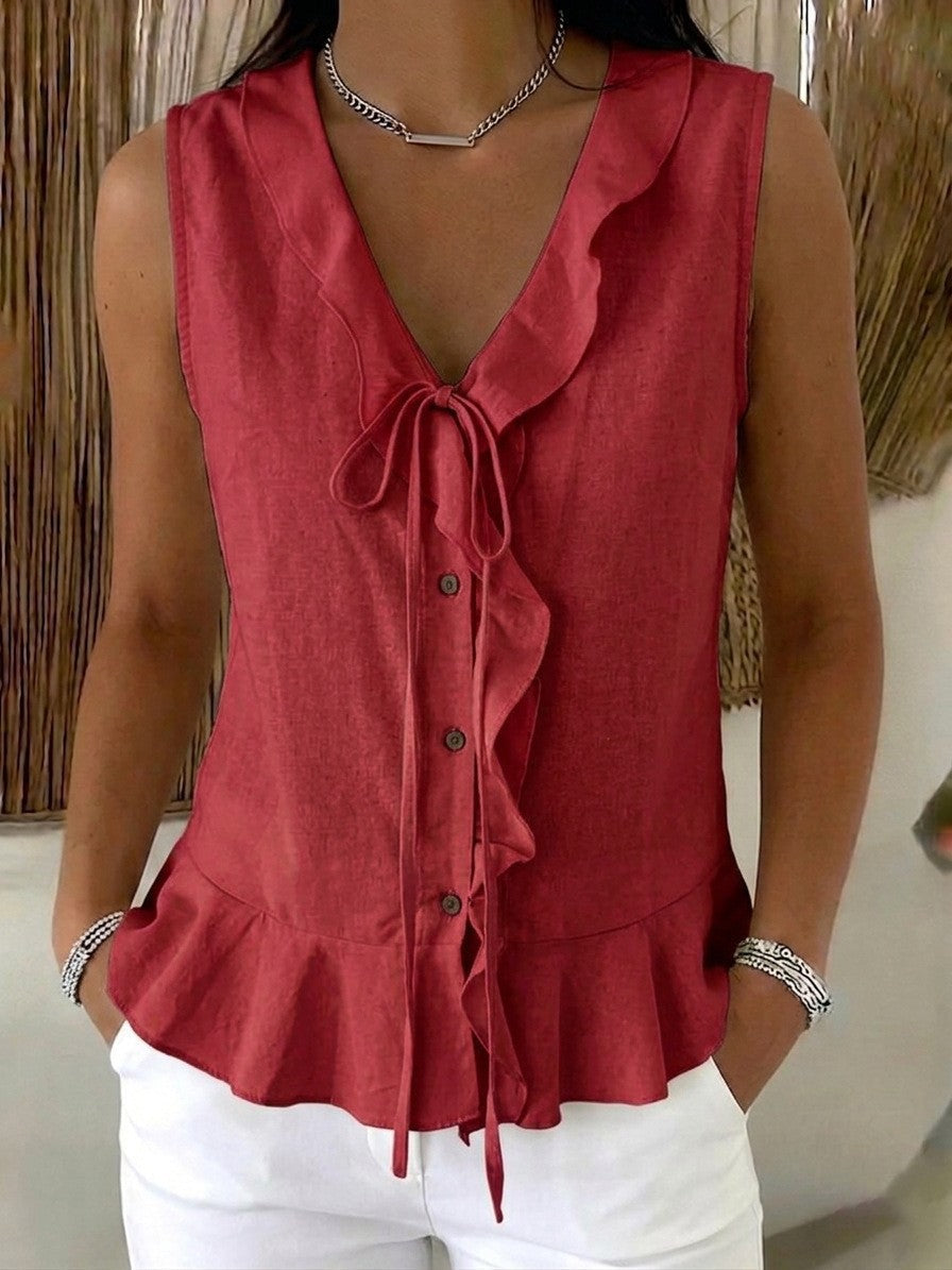 Women's Casual V-Neck Ruffle Trim Sleeveless Top