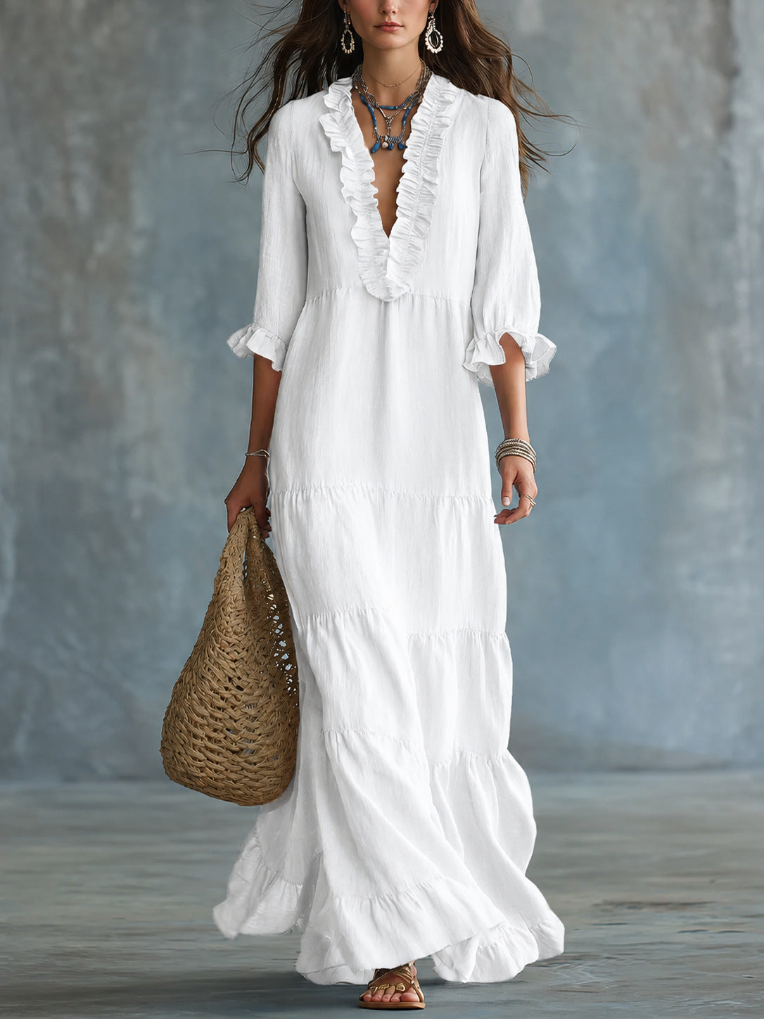 Womens V-neck Layered Casual Flowing Maxi Dress With Ruffled Hem