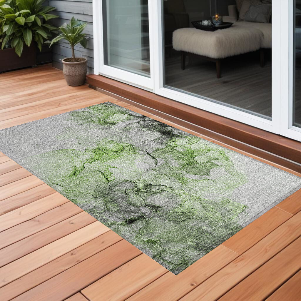 3' X 5' Green Abstract Washable Non Skid Indoor Outdoor Area Rug