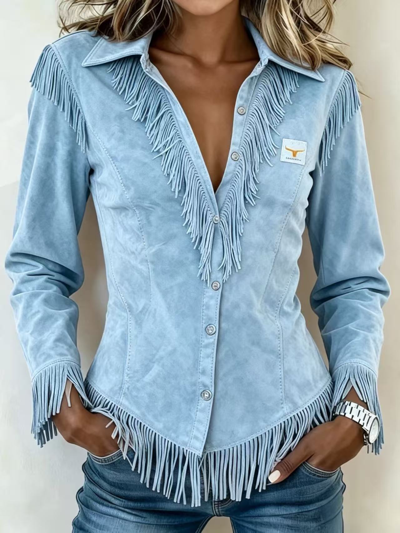 Western Cowboy-Style Suede Fringe Slim-Fit Long-Sleeve Shirt