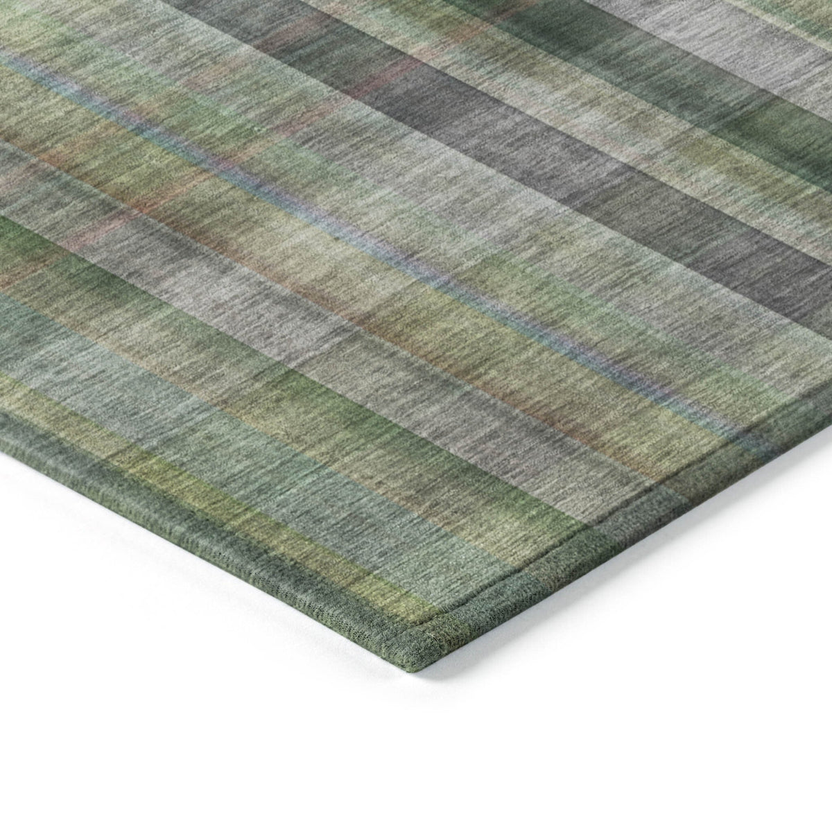 2' X 8' Green Beige and Gray Plaid Washable Non Skid Indoor Outdoor Area Rug