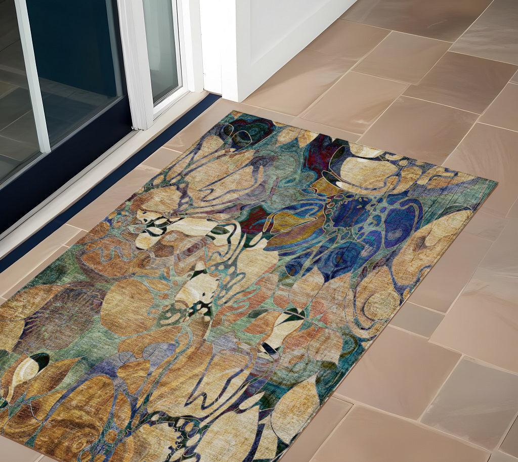 3' X 5' Beige and Blue Abstract Washable Indoor Outdoor Area Rug