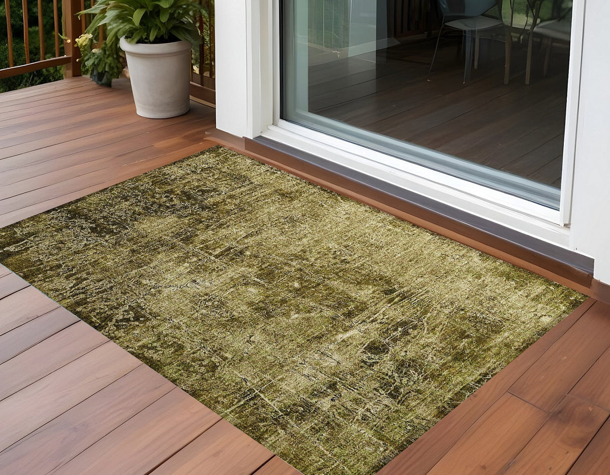 3' X 5' Green Abstract Washable Non Skid Indoor Outdoor Area Rug