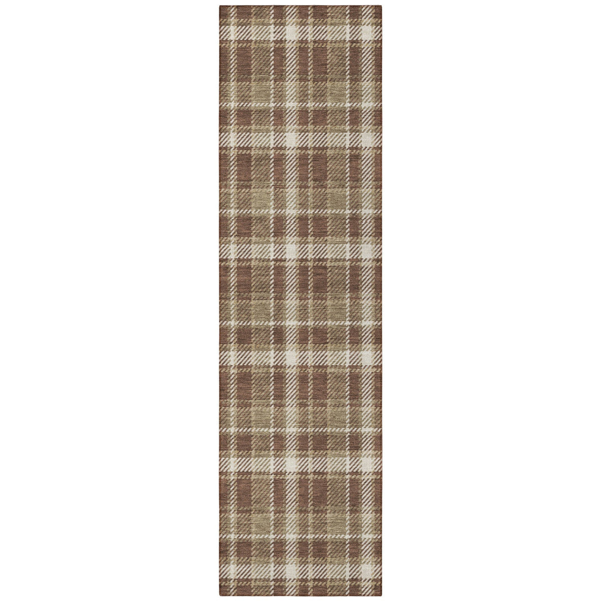 8' Runner Chocolate and Ivory Plaid Washable Non Skid Indoor Outdoor Runner Rug