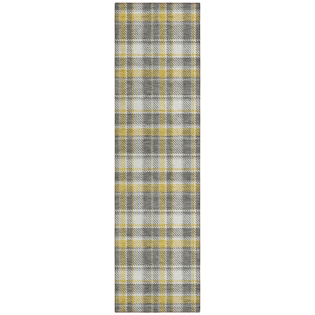 8' Runner Gray Yellow and White Plaid Washable Non Skid Indoor Outdoor Runner Rug