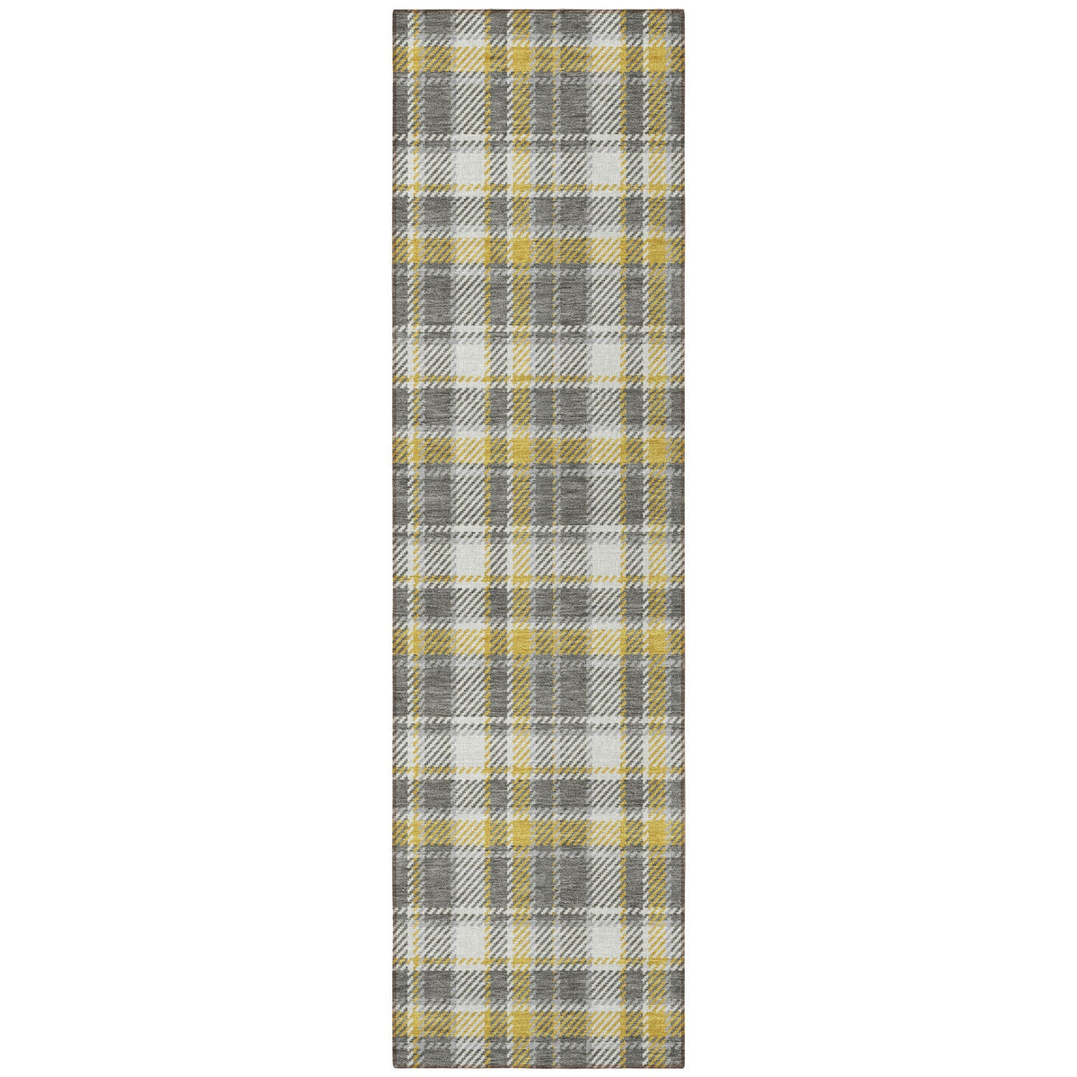 8' Runner Gray Yellow and White Plaid Washable Non Skid Indoor Outdoor Runner Rug