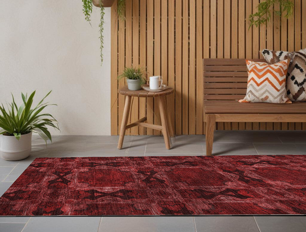 8' Runner Burgundy and Black Floral Medallion Washable Non Skid Indoor Outdoor Runner Rug