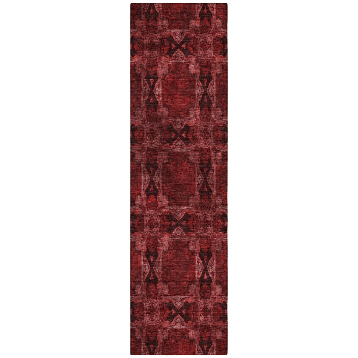 8' Runner Burgundy and Black Floral Medallion Washable Non Skid Indoor Outdoor Runner Rug