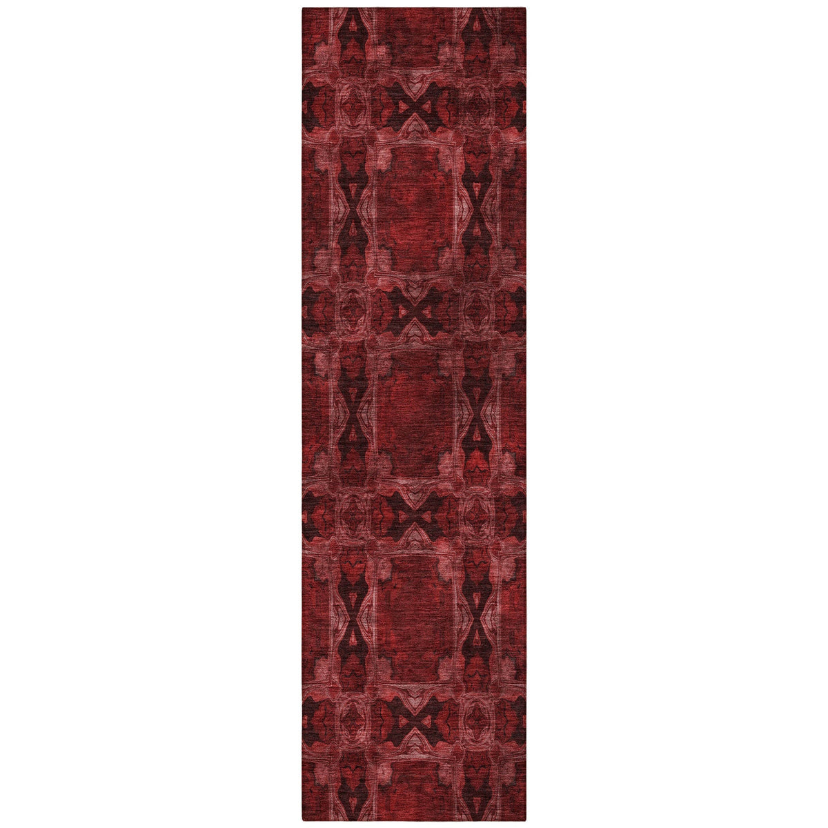 8' Runner Burgundy and Black Floral Medallion Washable Non Skid Indoor Outdoor Runner Rug
