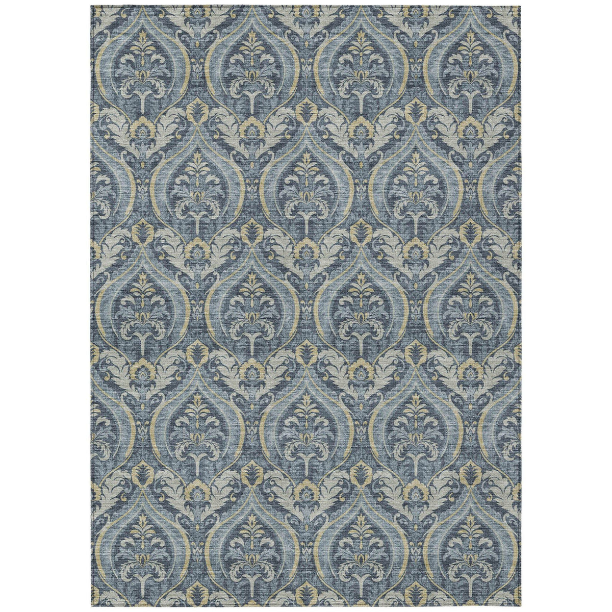 3' X 5' Blue and Cream Damask Washable Non Skid Indoor Outdoor Area Rug