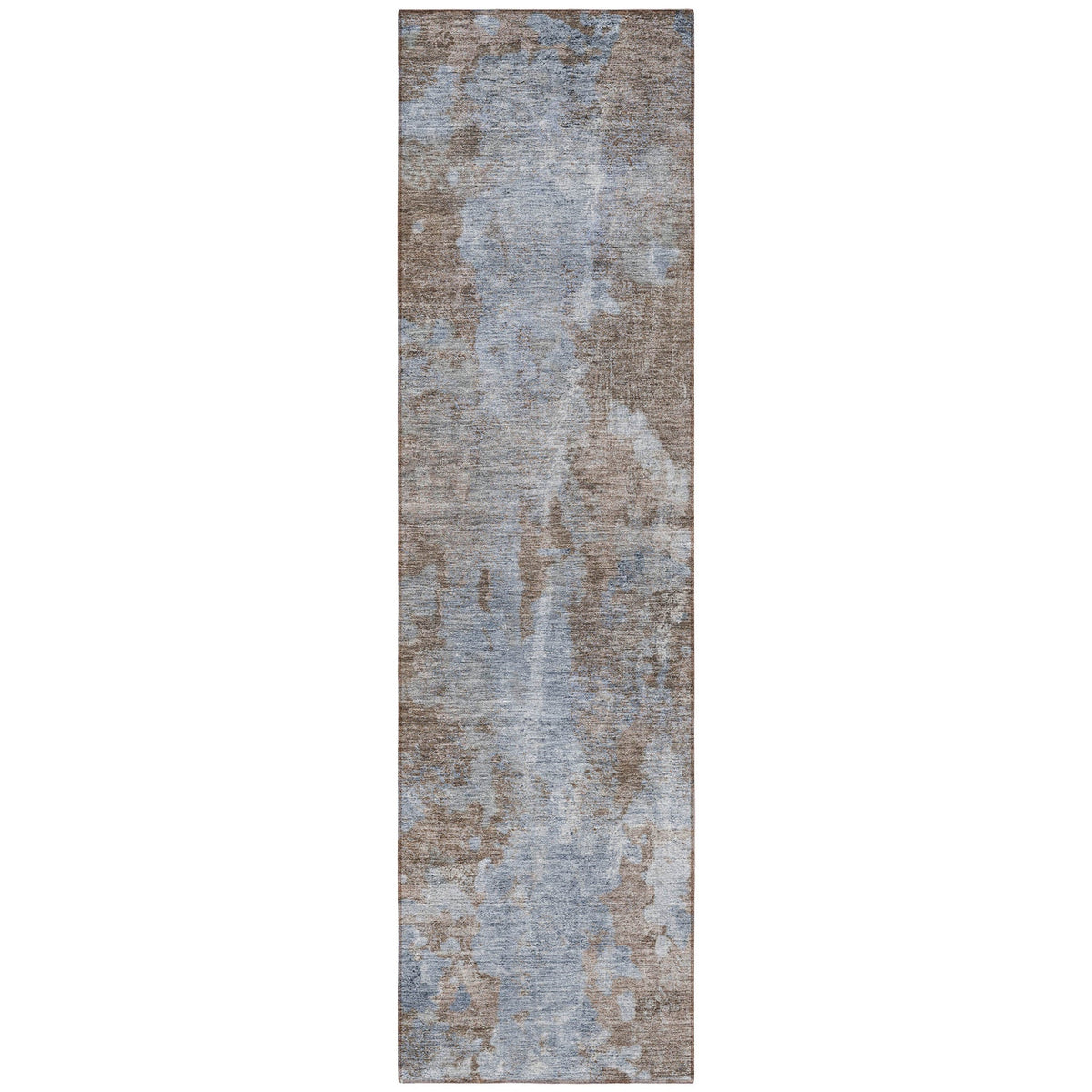 8' Runner Mocha and Blue Abstract Washable Non Skid Indoor Outdoor Runner Rug
